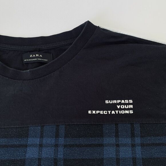 Zara Shirt Men Small Black Blue Buffalo Plaid Crewneck Quote Streetwear Preppy - Picture 4 of 7